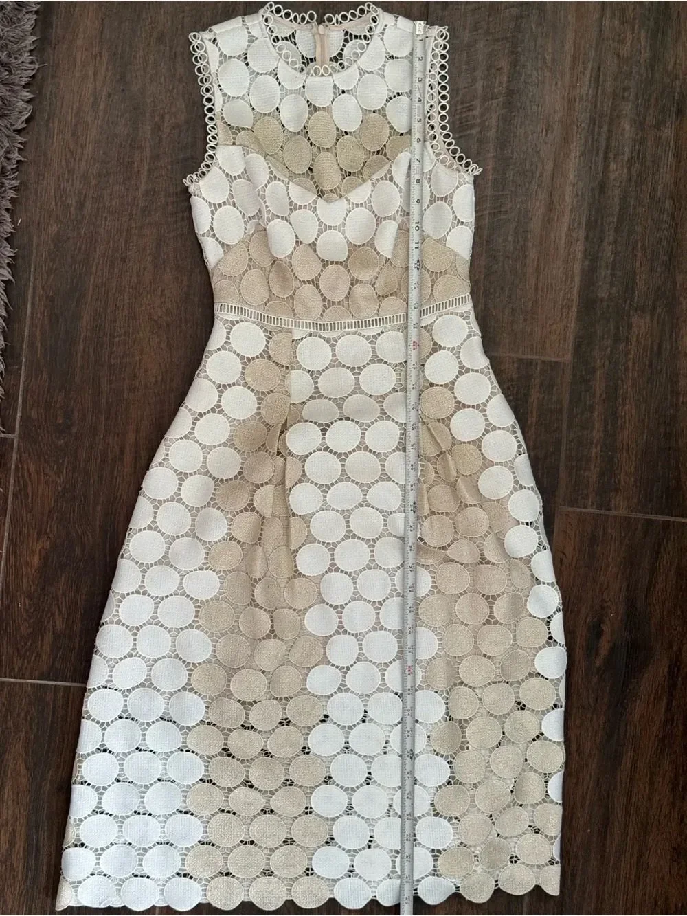 Shoshanna Glengarry Ivory Metallic Gold Circle Lace Midi Cocktail Dress